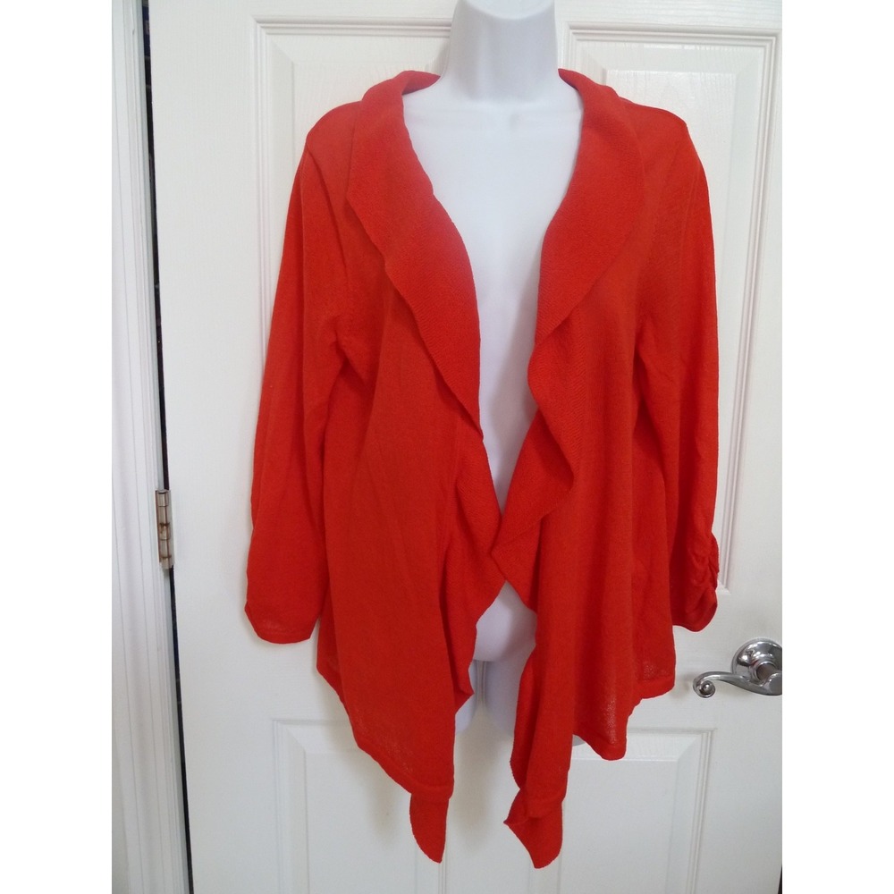 Chico's Red Ruffled Open Front Cardigan Sweater Cinched Sleeves Size 2 Large